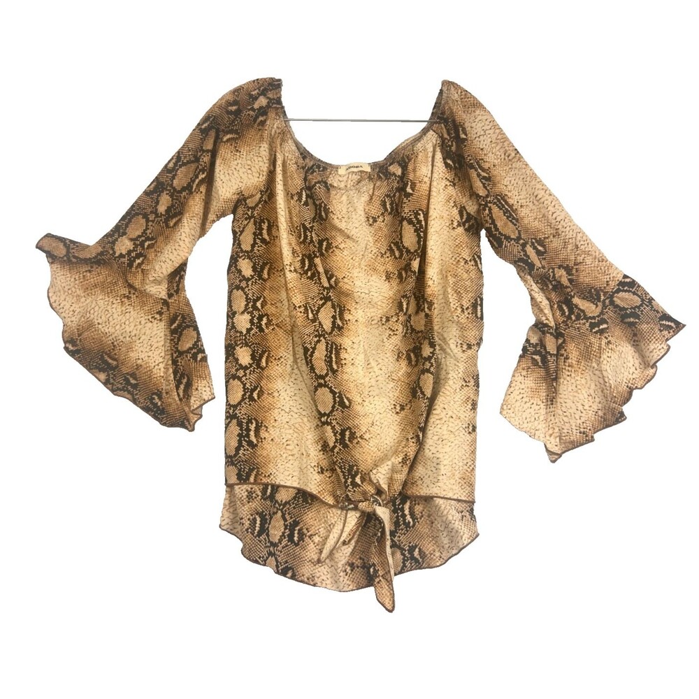 Adora Snake Print Chiffon Blouse Tie Front Bell Sleeve Boho Top L Brown